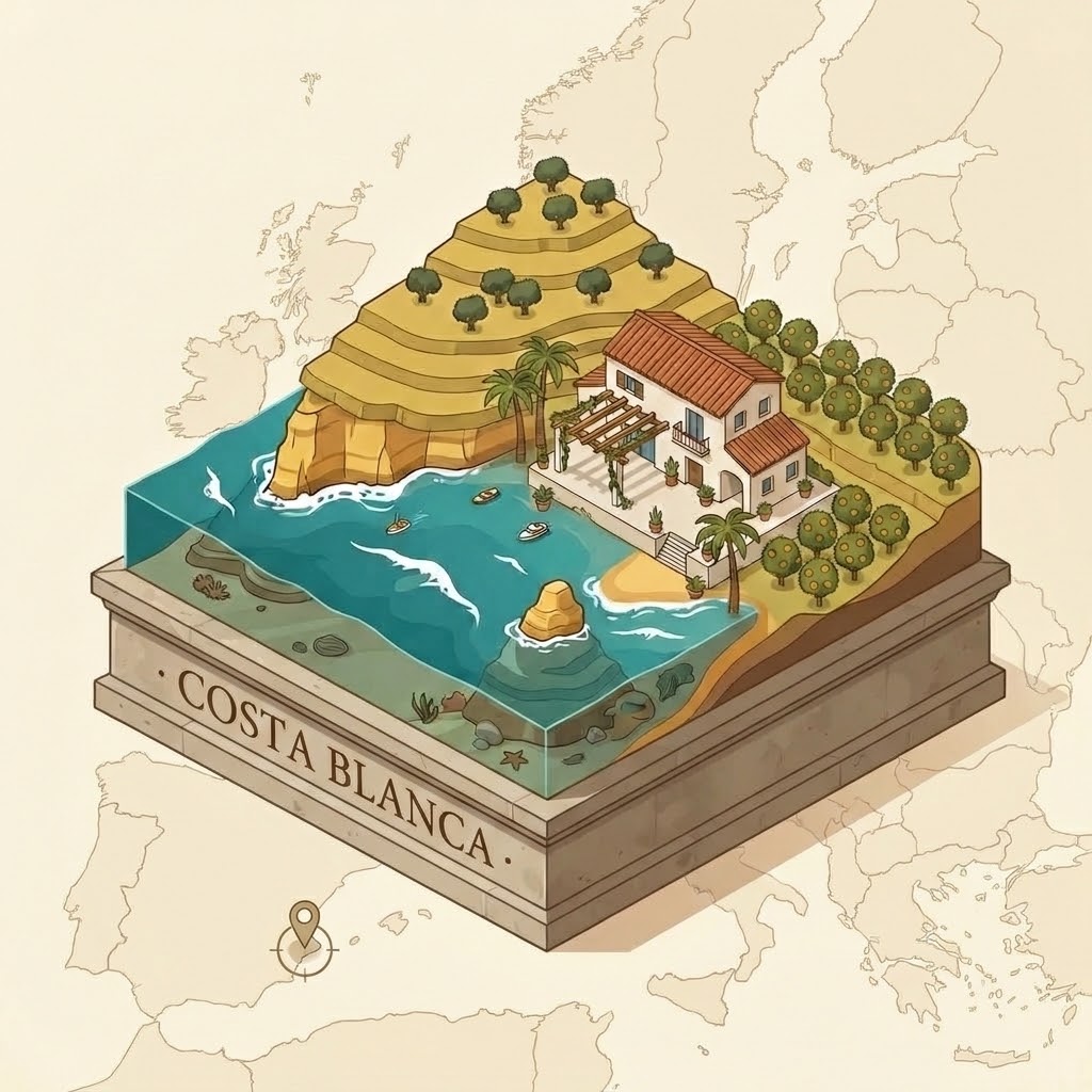 Costa Blanca cartographic isometric pedestal illustration with European map indicator